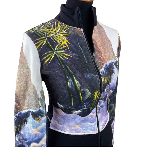 Crystal Tara Tropical Scene Sweatshirt Jacket Size S Boho Cropped - Picture 2 of 6